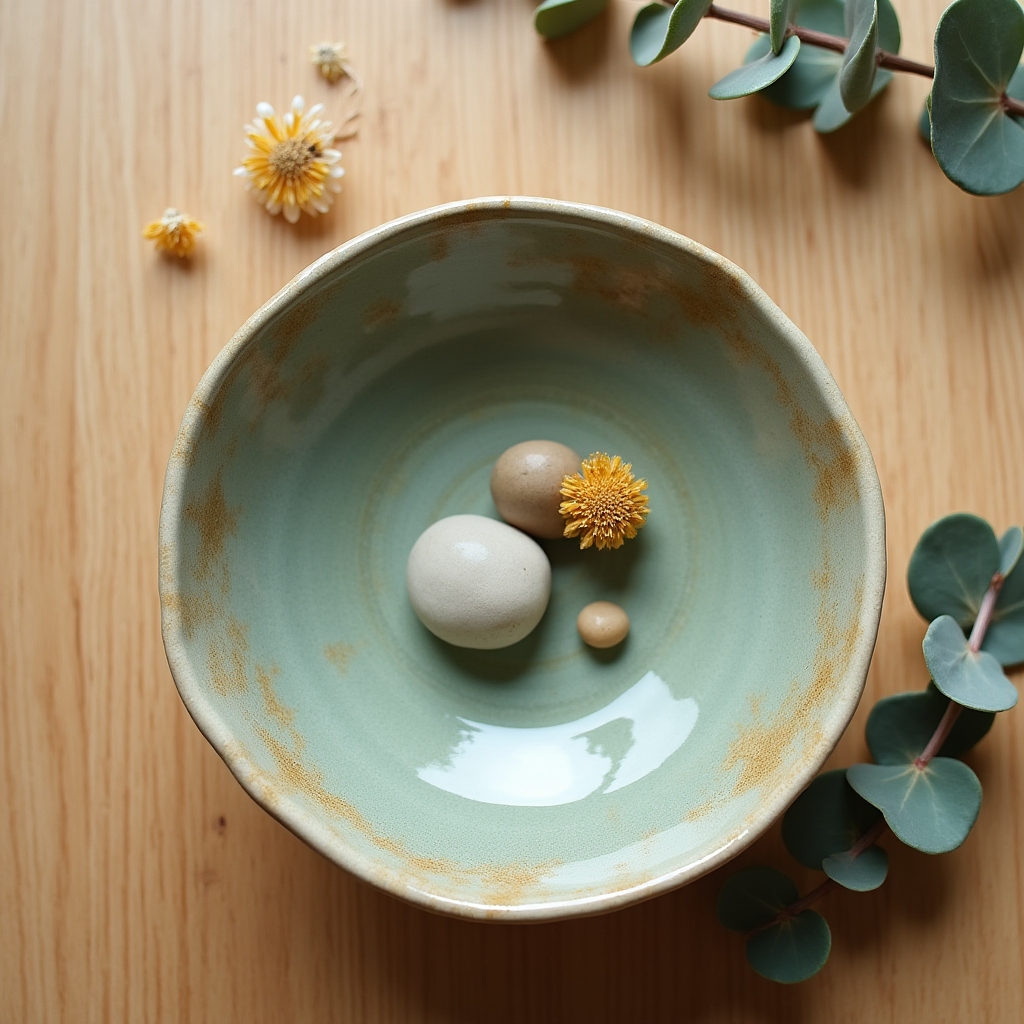 Flache Keramikschale in Salbeigrün auf einem Holztisch mit Trockenblumen