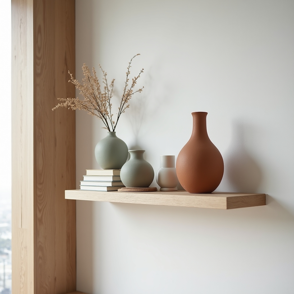 Fertige Keramikvasen auf einem hellen Holzregal im Wohnzimmer