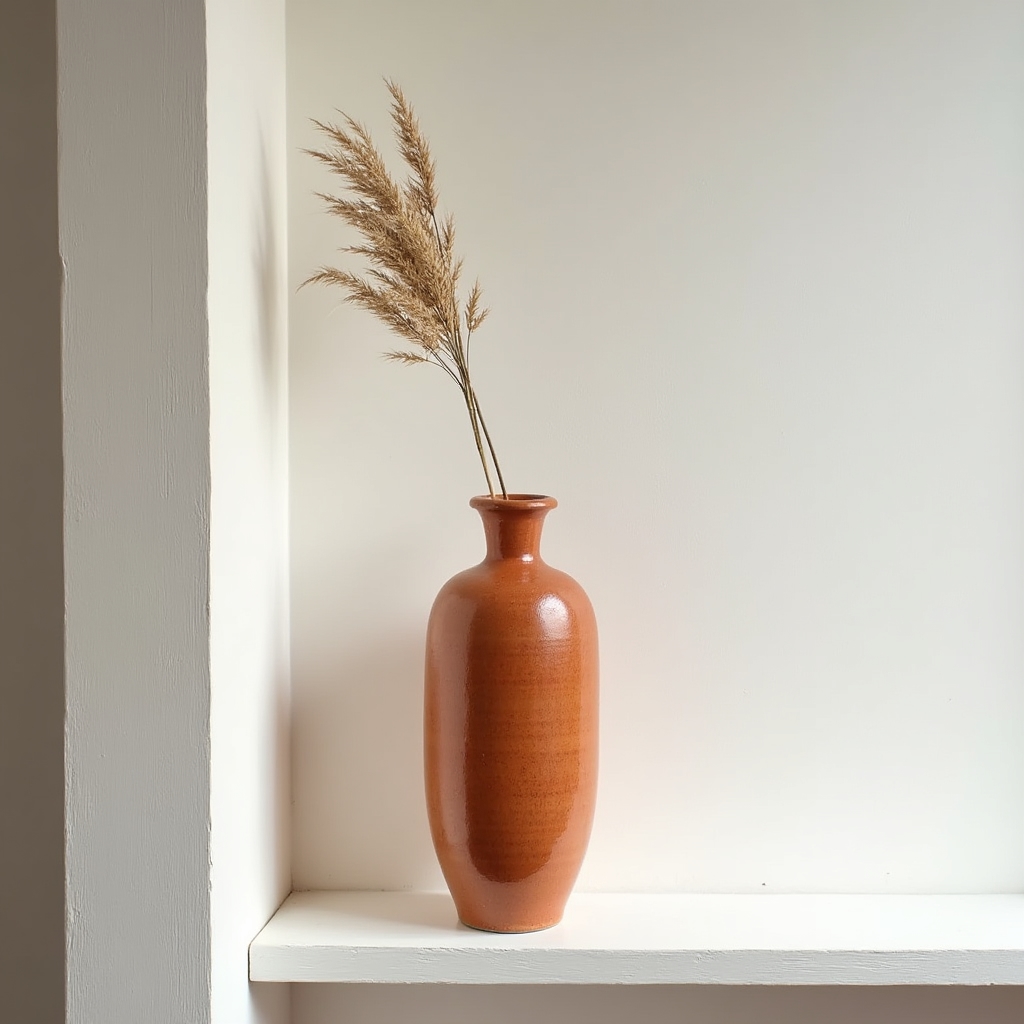 Schlanke Terrakottavase mit strukturierter Oberfläche auf weißem Regal